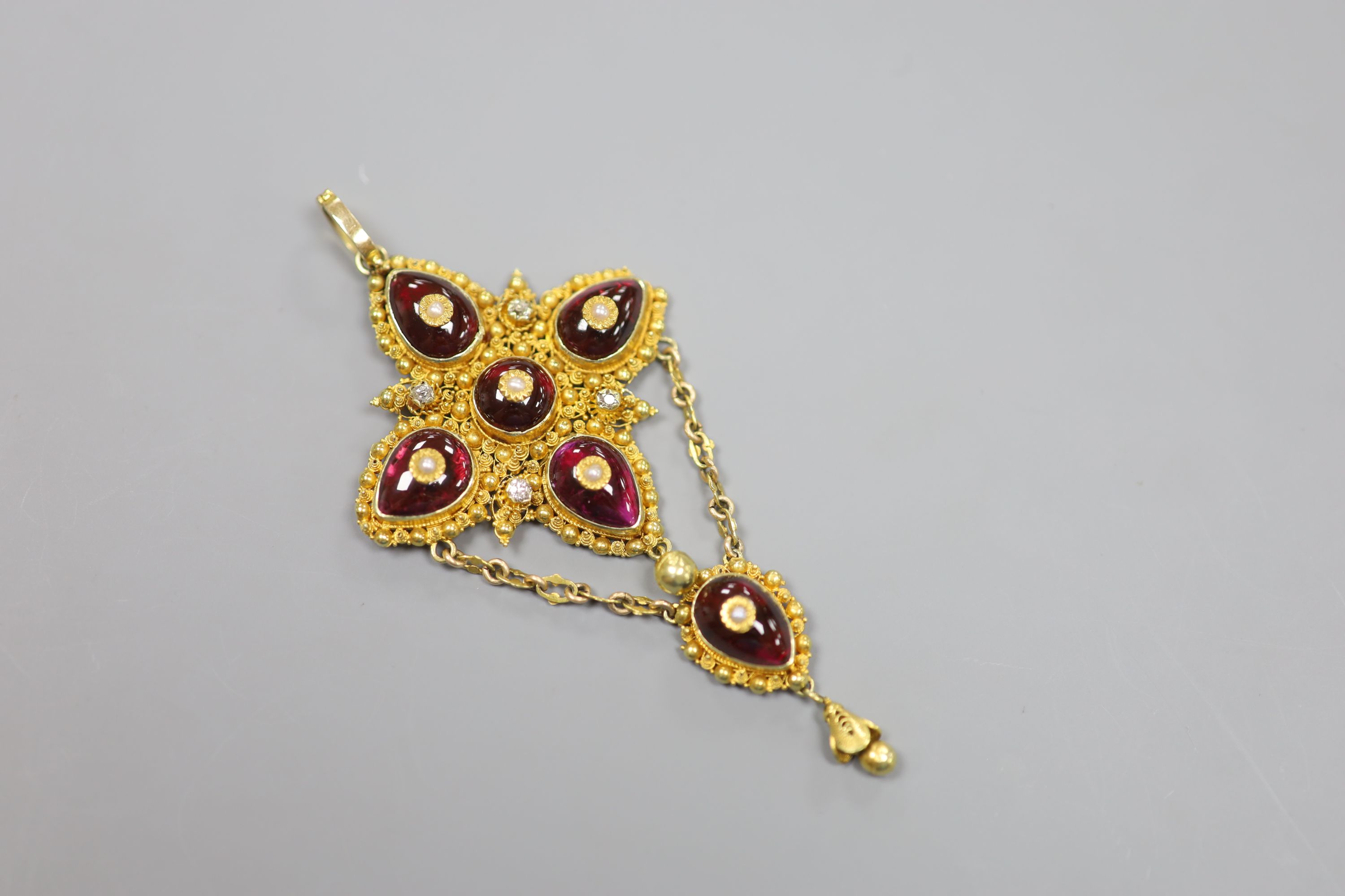 A 19th century yellow metal, foil backed garnet, seed pearl and diamond set drop pendant (adapted)